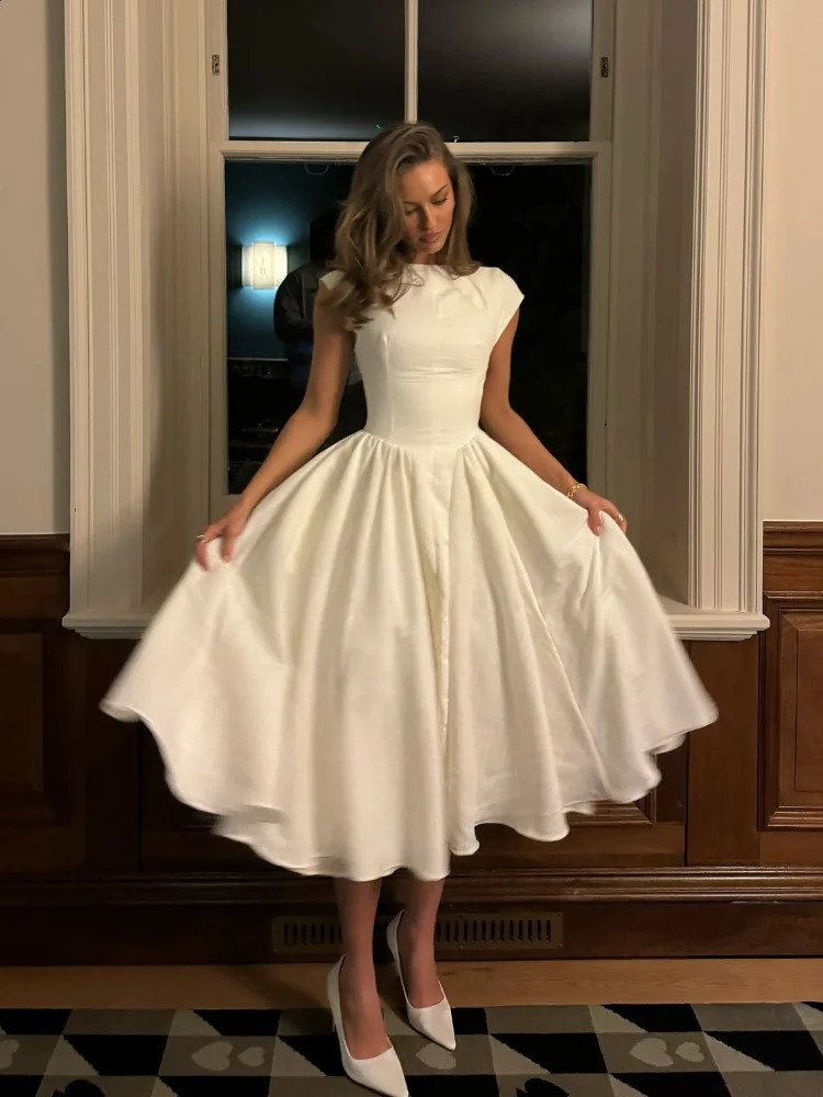 Elegant White Pleated A-line Big Hem Party Dress Women Fashion Slash Neck Slim Backless Vestidos Female Club Robes Summer 250319