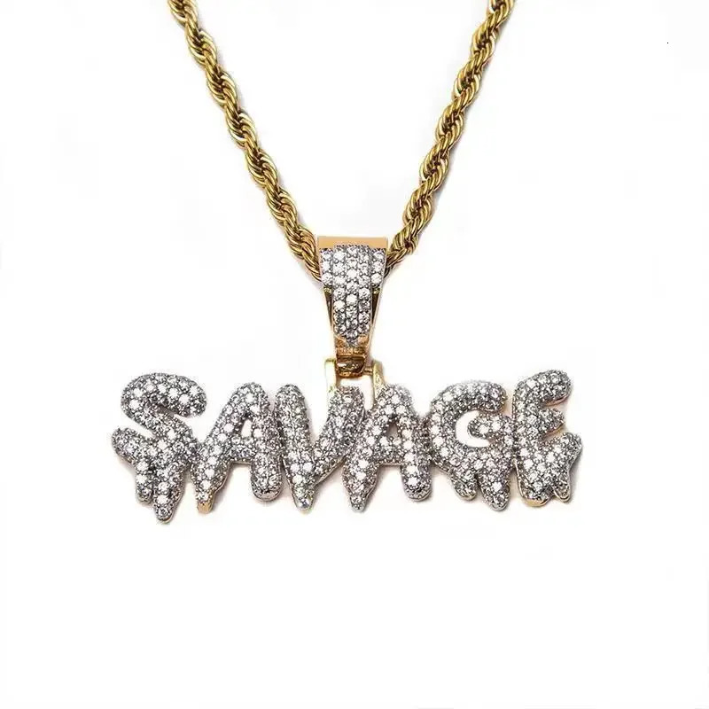 Iced Out Letter Savage Pendant Shiny Bing Cubic Zirconia Hip Hop Necklace Mens Cool Rock Rap Trend Jewelry 250320