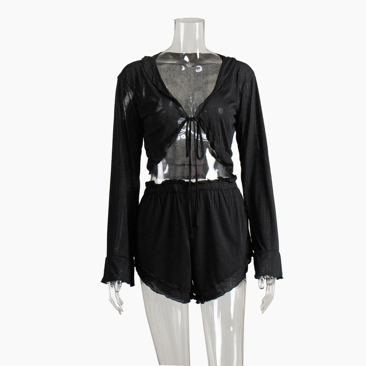 Lace up cardigan shorts set 2025 summer new knitted pajama comfortable home wear for women