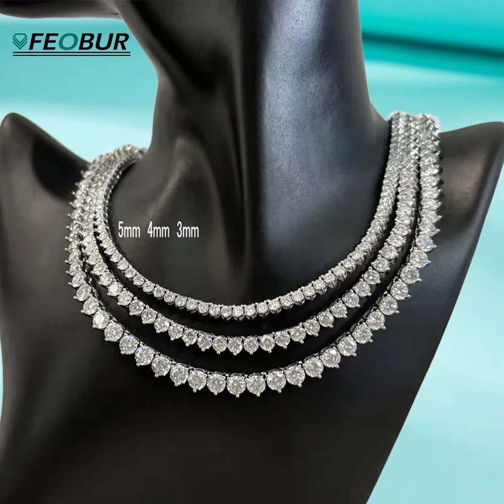 FEOBUR Certified 3/4/5mm Moissanite Tennis Necklace for Women Man S925 Sterling Silver 3Claw Lab Diamond Hiphop Chains Jewelry