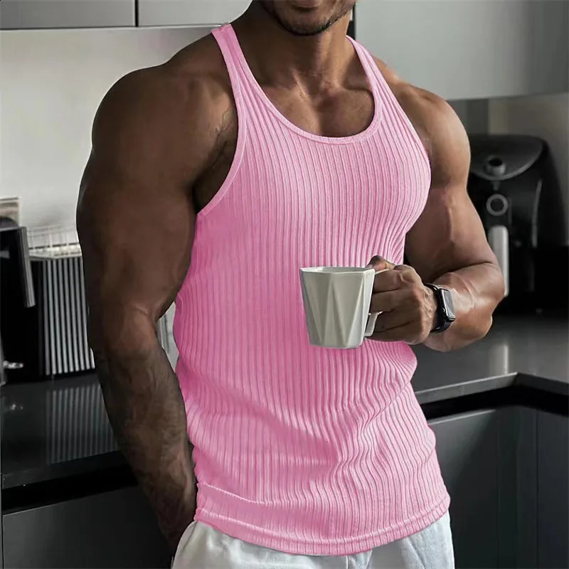 Summer mens fitness vest sleeveless quick drying sports solid color repair height elastic cool breathable tight top 250319