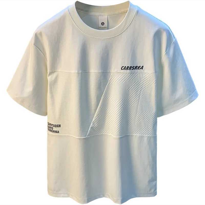 High end T-shirt mens summer 2025 embroidered loose breathable elastic design spliced short sleeved topT250319