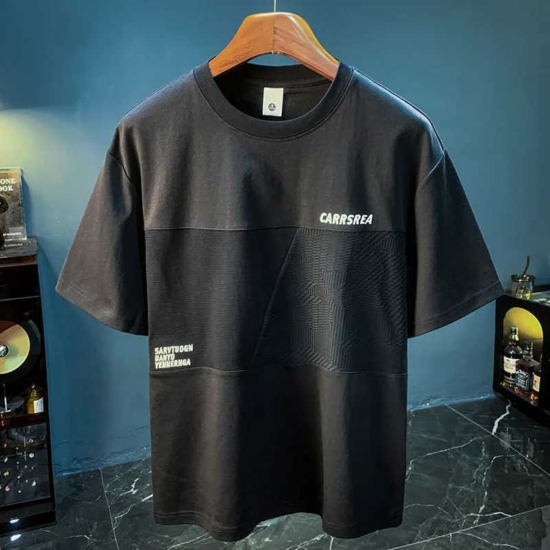 High end T-shirt mens summer 2025 embroidered loose breathable elastic design spliced short sleeved topT250319