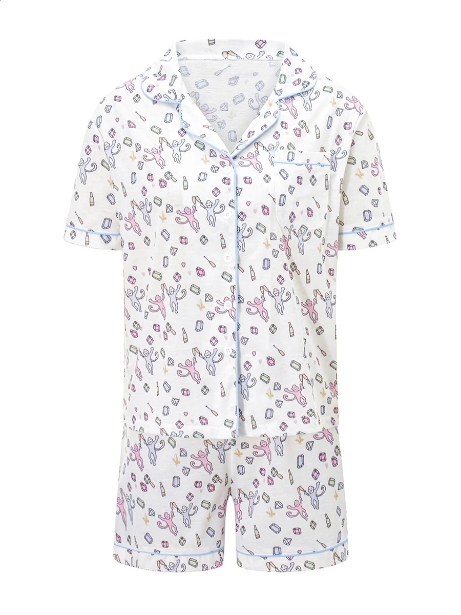 Womens Preppy Sheep Monkey Print Pajamas Aesthetic Cute Pjs Y2k Two Piece Pajamas Shorts Pj Shirts Sets Sleepwear 250319
