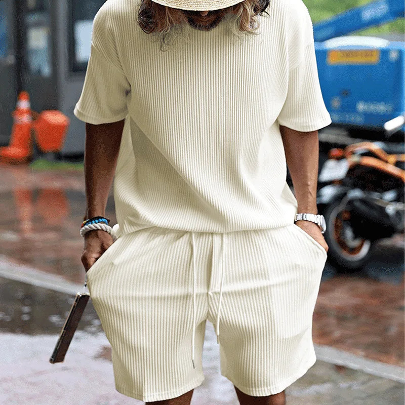 2023 Summer Mens Striped Suit Loose Crew Neck Shortsleeved Tshirt And Shorts Solid Color Sports Casual Twopiece Set 250319