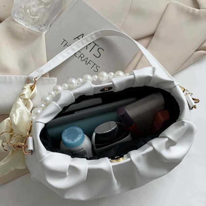 High quality pearl pleated shoulder bag cloud bottom bag niche bag womens summer casual handbag PU leather bag Y250319