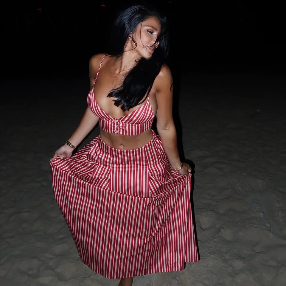 TRAFZA 2025 Spring Summer Beach Style Striped Women Suits Fashion V Neck Backless Cami Chic Loose Straight Ladies Skirts 250320