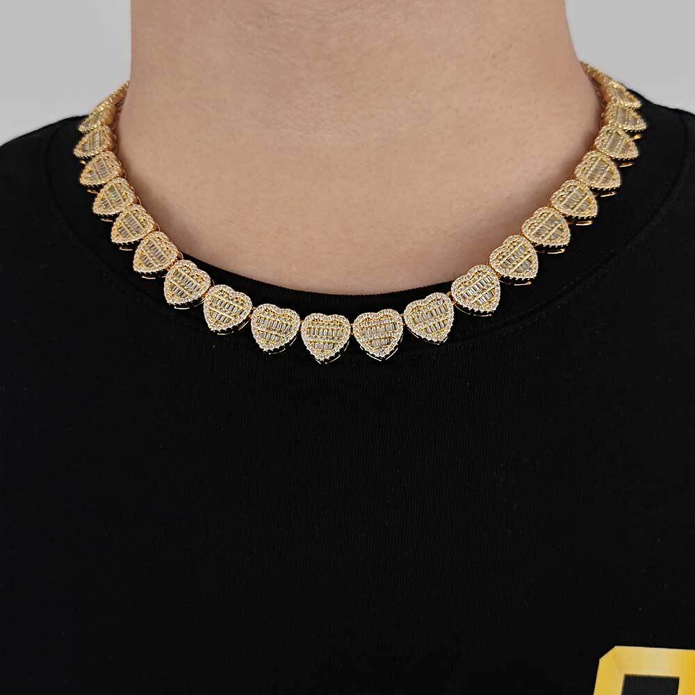Hip Hop Trendy Brass Zircon Custom For Men Heart Link Chain Necklace Iced Out Rock Jewelry
