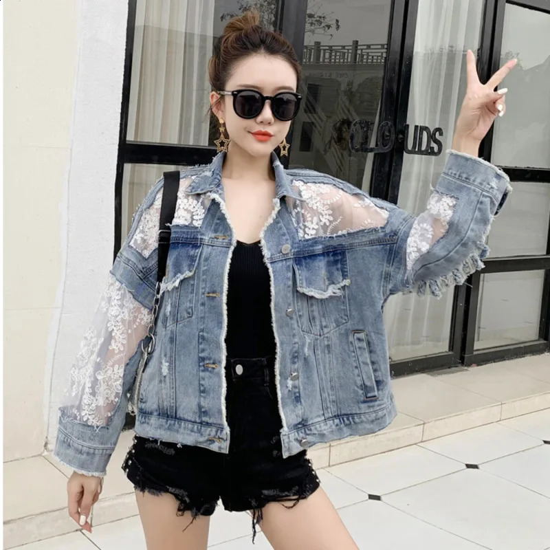 #3102 Spring Spliced Lace Short Jeans Jackets Womens Coat Loose Perspective Denim Jacket Women Long Sleeves Sexy Hollow Out 250319