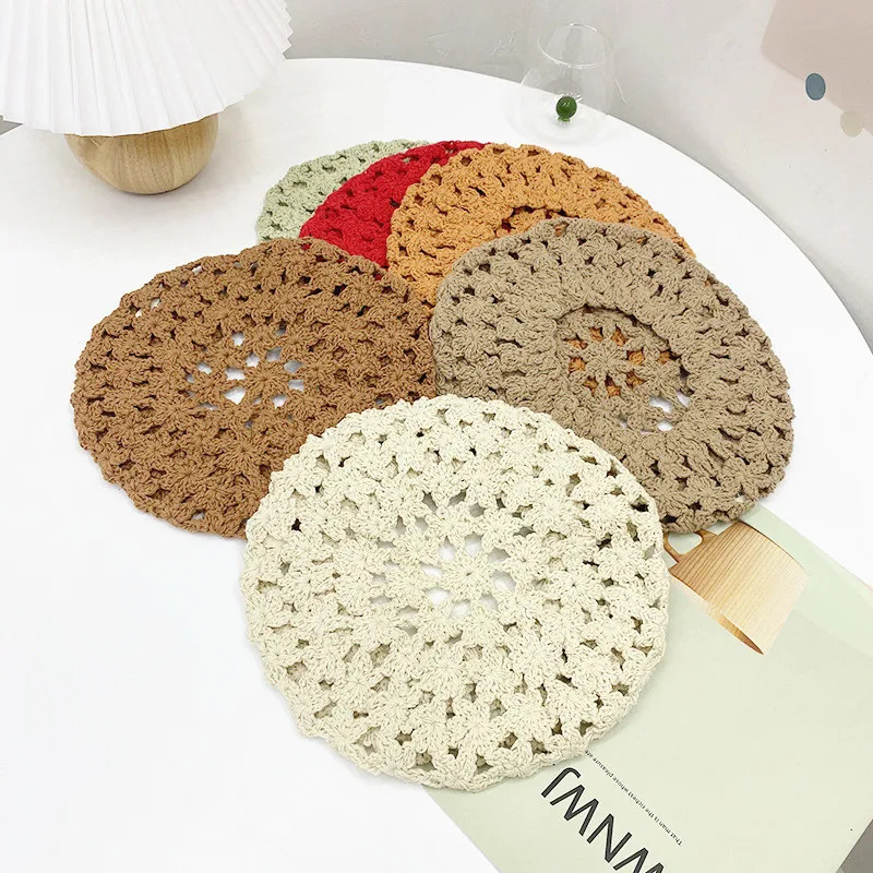 Hollow Out n Womens knitted hat Beanies Lady Girl Beret hat Crochet Soft Artist hat French Painter Pumpkin hat Caps Gorro 250320