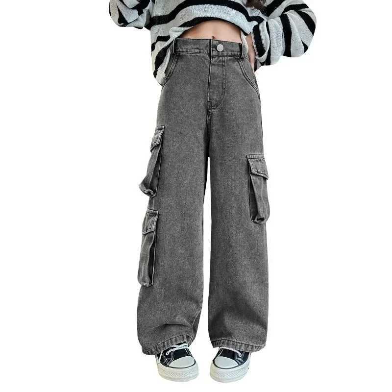 Girls Spring Jeans Large Child Pocket Overalls 2024 New Spring Childrens Fashion Large Child Pants Wide Leg JeansT250326