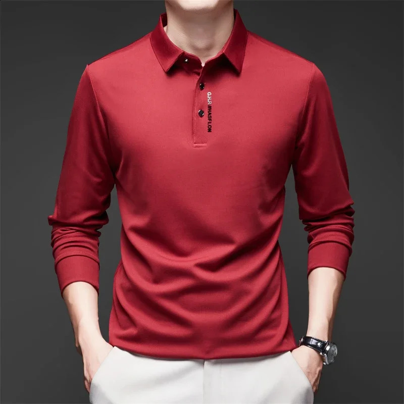mens business casual long sleeved shirt with badge solid color polo fashionable breathable and comfortable lapel top 250318