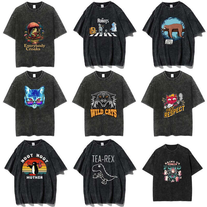 American washed vintage short sleeved t-shirt cute cat trendy brand high street hip-hop couple top outfit