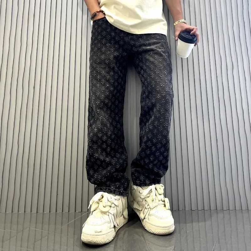 American Ins Street clothing retro embroidery print Trouser fashion brand jacquard design mens Y2K wide leg hip-hop jeansT250319