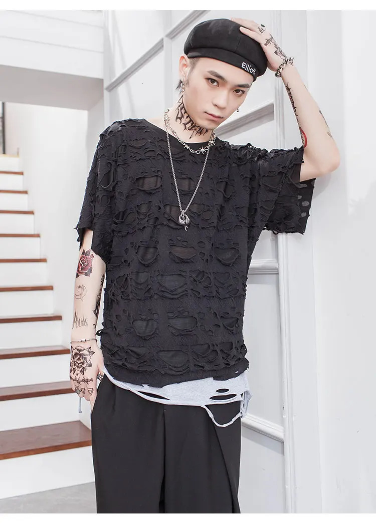 Dark summer personality hole alternative perspective mesh loose short sleeve Tshirt trendy mens ins bottom coat shirt 250320