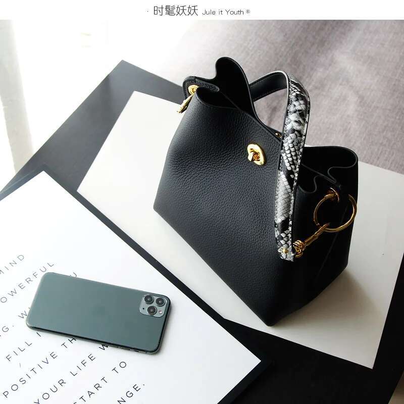 Fashion Designer Serpentine Handle Bucket 100% Cowhide Leather Women's Shoulder Crossbody 2 Straps Hand Bag Blue
