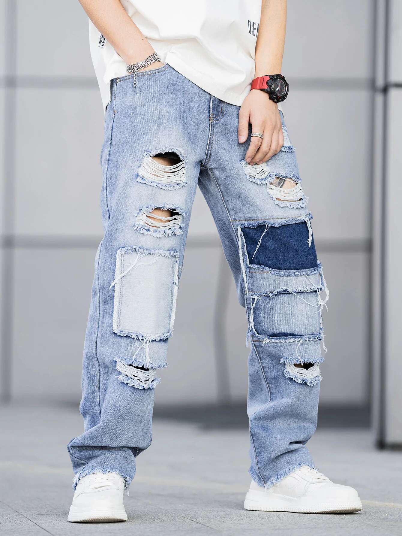 Designer Jeans For Men Repairing Holes In Men's Clothing Niche Loose Fashion Blue Casual Pants, Elastic Men's Clothing 2025 Fashionable Tren