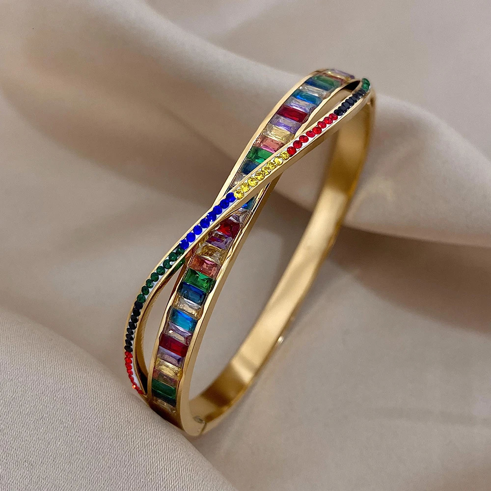 Greatera Exquisite Colorful Cubic Zirconia Rhinestone Intersect Stainless Steel Bangles Bracelets for Women Gold Plated Jewelry 250320