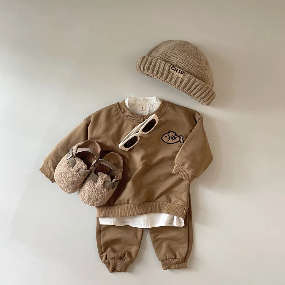 Korean version 100% pure cotton baby boy and girl spring autumn loose sportswear Pullover topmens twopiece clothing set 250319