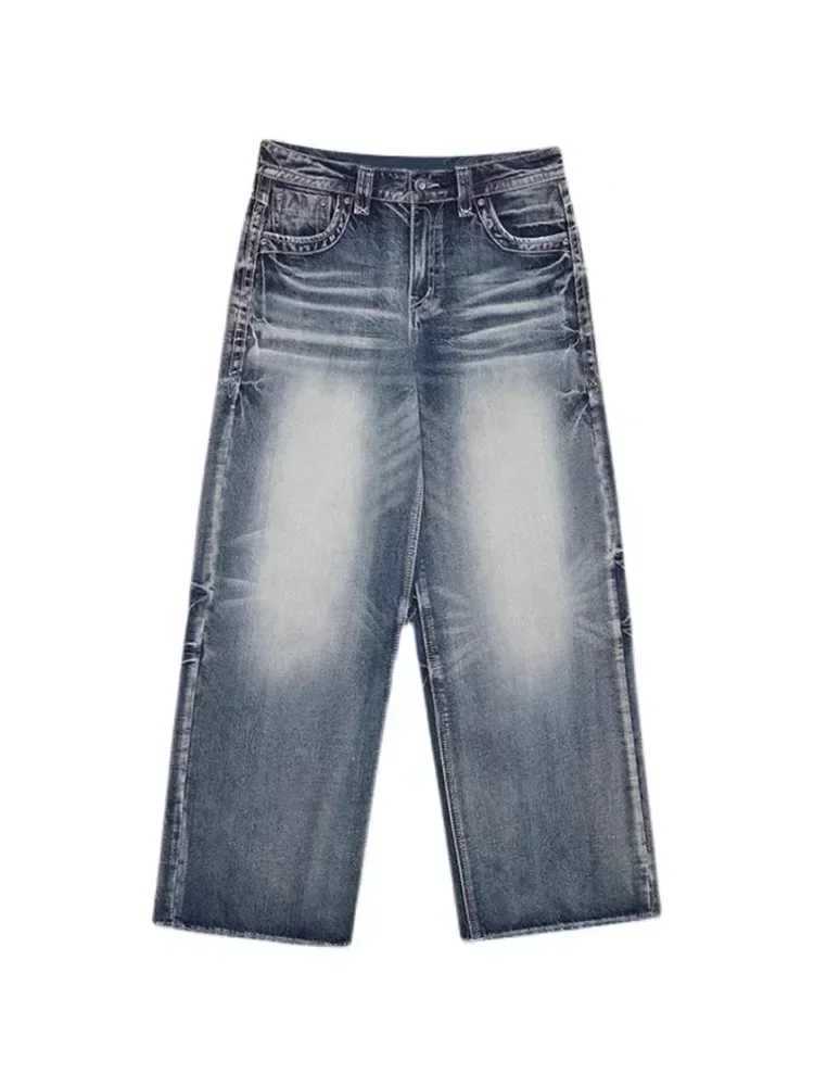 HOUZHOU Retro Y2K Blue Jeans Womens Bag Wash Wide Leg Jeans Womens Street Clothing Harajuku Korean Fashion Jeans Trousers GrungeT250319