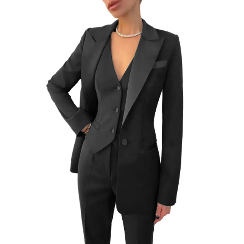 Black womens suit jacket vest pants 3 pieces suitable for office work slim and Burgundy set formal wedding attire 250319