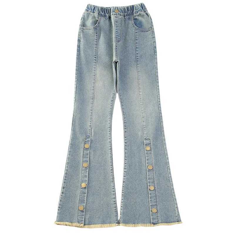 Girls 2024 new jeans childrens spring staple button slit flare pants 6-15 years oldT250326