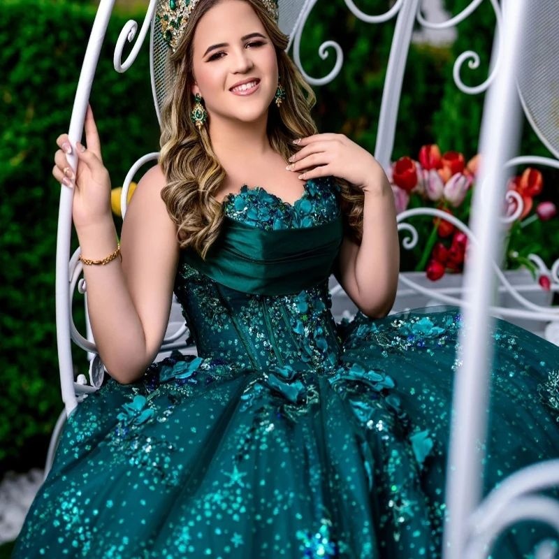Blackish Green Shiny Princess Ball Gown Quinceanera Dresses Appliques Flower Crystals Beads Party Birthday Sweet 16 Dress Vestidos 15 De Anos