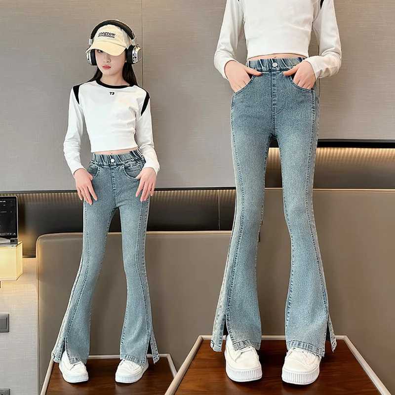 New Arrived Korean Child Flare Jeans with Slits For Girls Retro Blue Boot Cut Denim Pants Kids Teenager Classic Jeans TrousersT250326