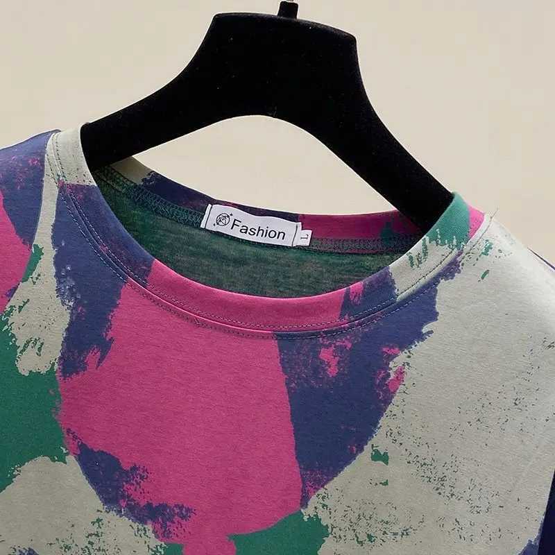 Tie Dye Printing Vintage O-Neck Pullover Short Sleeve T-Shirt Womens Blouse Shirt Korean Fashion Female Clothing Tops 2024T250319