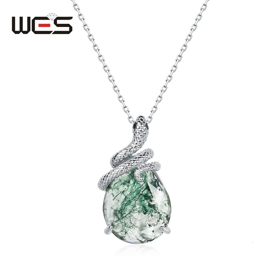 WES 925 Silver Snake Teardrop Natural 10*1m Moss Agate Pendant Necklace for Women Engagement Jewelry Year Gift Wholesale 250318