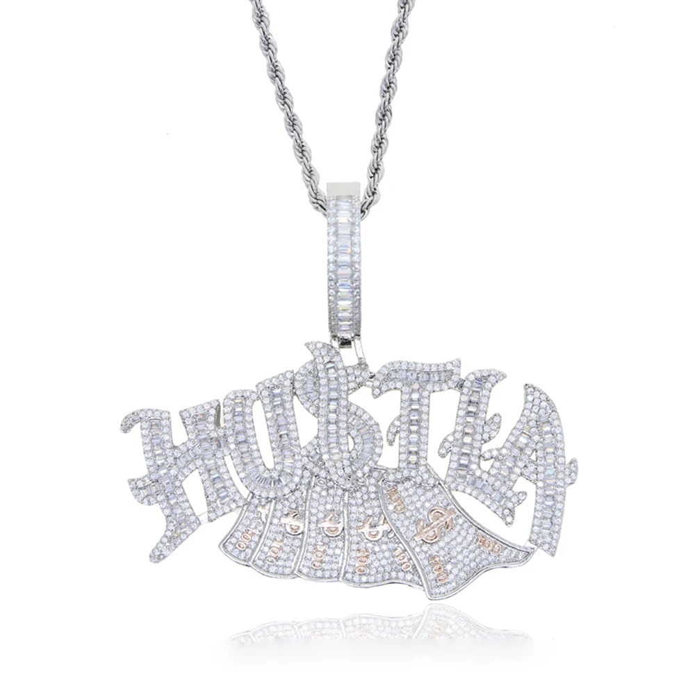 Iced Out Bling Letter Hustla Pendant Necklace Gold Color Full CZ Zircon Money Charm Men Fashion Hiphop Jewelry 250320