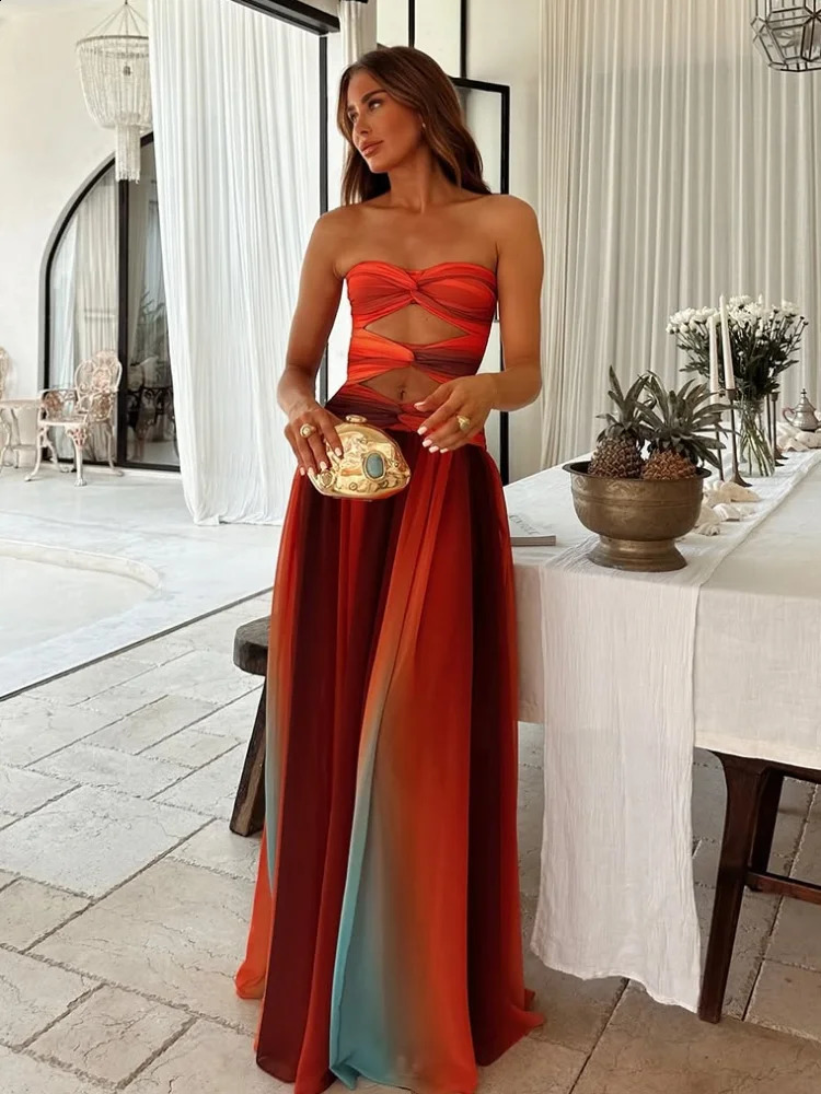 Tie-dye Gradient Hollow Out Womens Maxi Dress Elegant Off Shoulder A-line Hem Long Dresses Summer Holiday Female Robes 250319