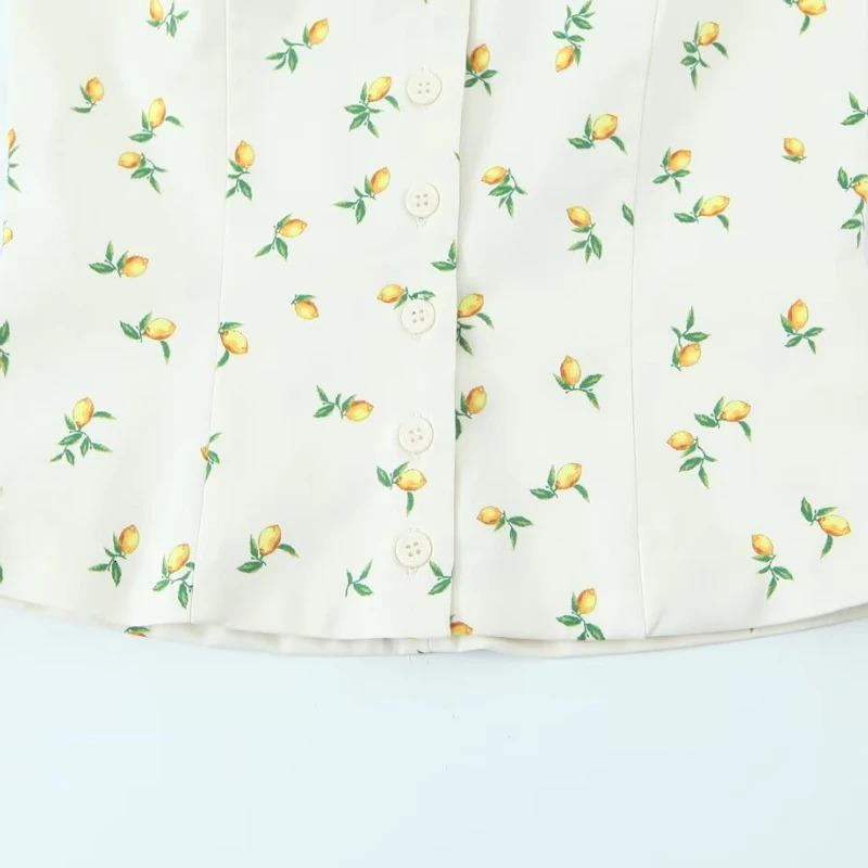 ZBZA Womens Lemon Printed Top Mini Skirt Set with Bow Vneck Halterneck Fashionable Mid Short Sleeve Unique 250320