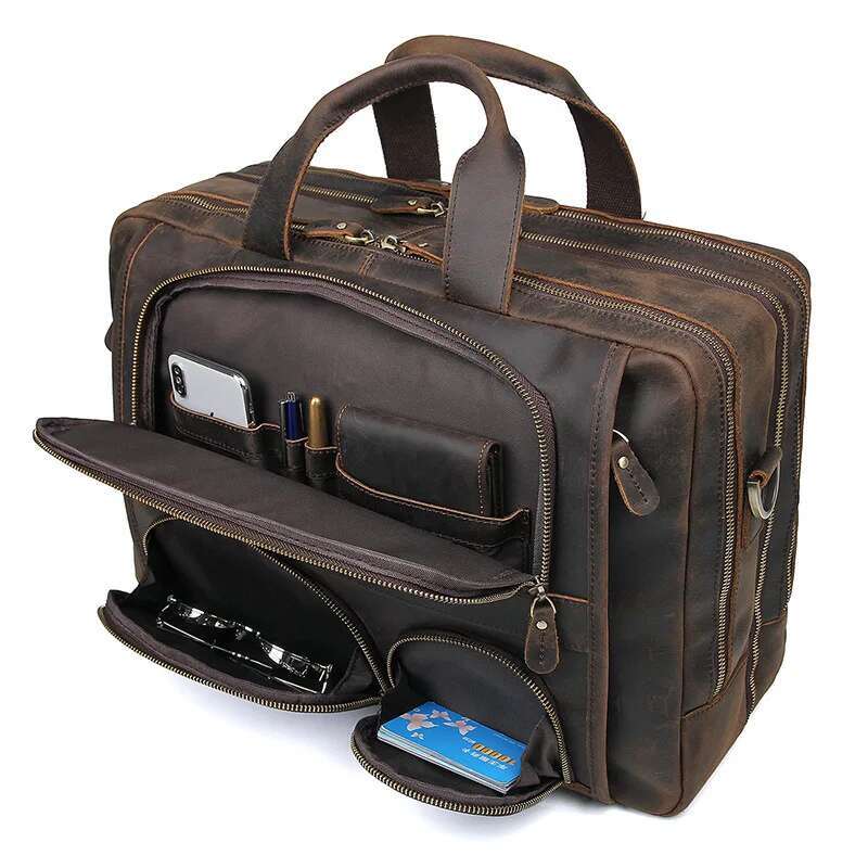 17.3 Inch Briefcase Genuien Leather Laptop Business Travel Tote Bags Handbags For Men Male Large Brief Case Bag Retro