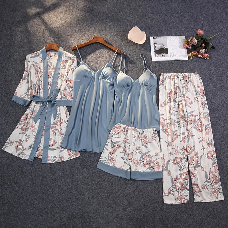 1/4/5pcs Silk like Robe Sleep Suit Womens Lace Satin Pajamas Gown Set V-Neck Cami Nighties Wear Pijama Home Nightwear Nightdress 250319
