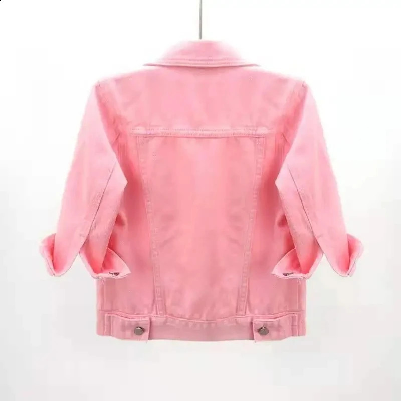 Womens Spring and Autumn Denim Jacket Top Pink Solid Color Short Sleeve Multi Color Womens One Third Sleeve Jeans Jacket 250317