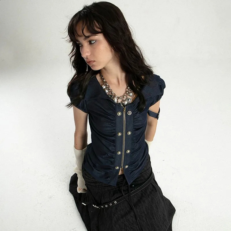 Karrcat Grunge Aesthetics Zipper T-shirt Trashy Y2k Irregular Tops Vintage Punk Short Sleeve Tee Shirt American Retro 250319