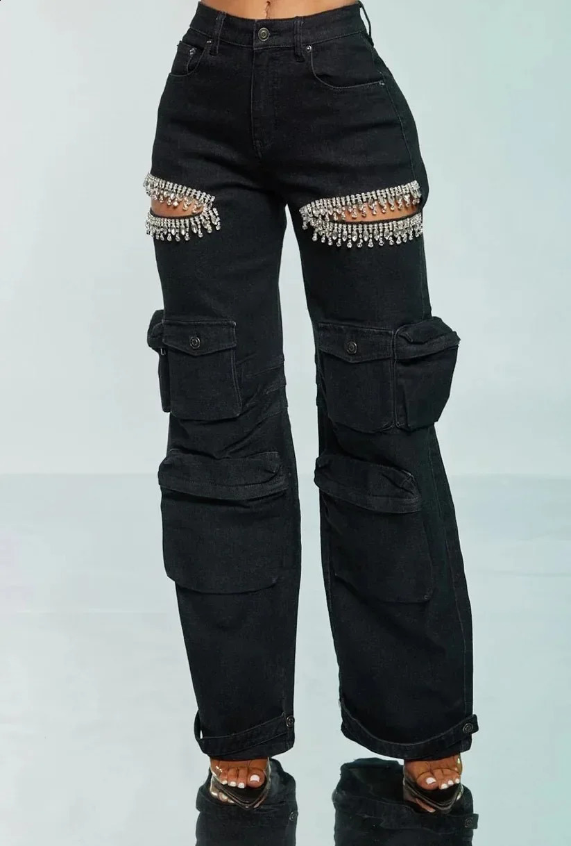 Womens Cutout Diamonds Crystal Hollow Out Straight Denim Pants Fall Multi Pocket High Waist Wide Leg Jeans Trousers 250314