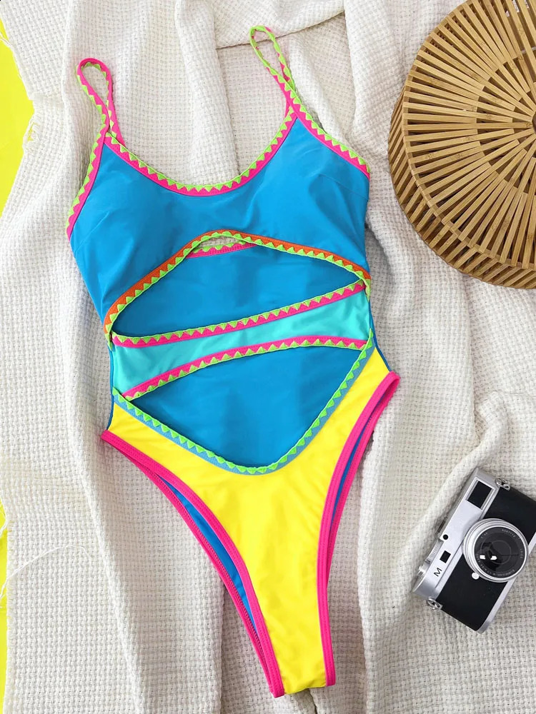 Vigoashely Sexy Patchwork Swimwear Women Strapped One Piece Swimsuit Brazilian Lady Monokini Hollow Beach Bathing Suit 250319