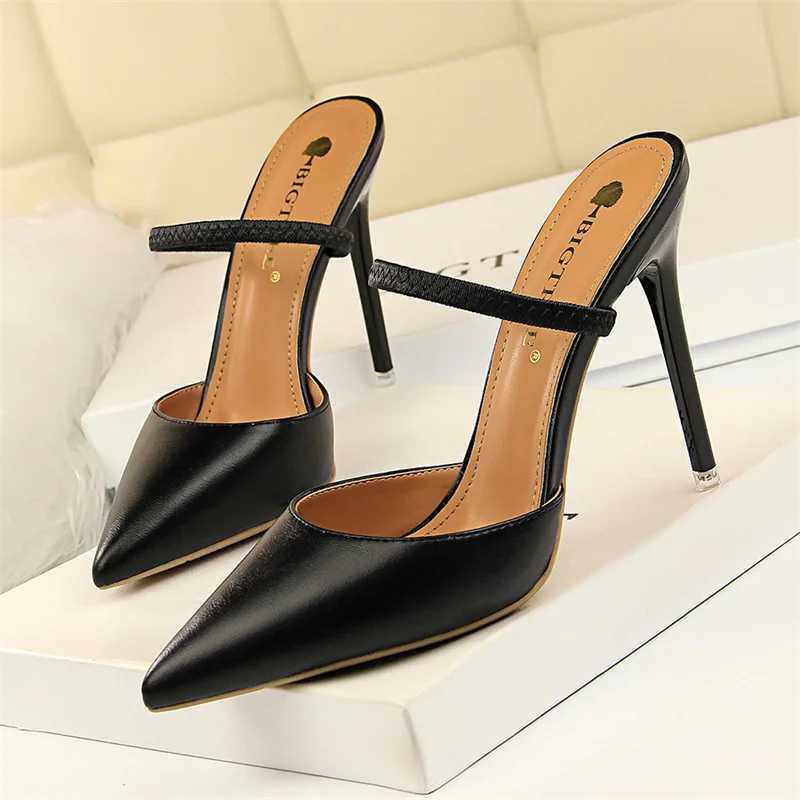 Summer Simple Wen Shallow Mouth Thin High H Mes Slingbacks Slippers Pointed Toe Hollow Wedding Slip Pump Shoes Y250319