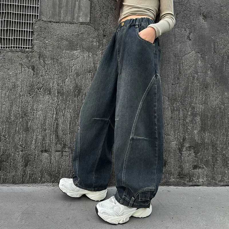 Curved Knife Girl Design Jeans Autumn Loose Casual Elastic Waist Teen Wide Leg Pants Street Clothing Children TrousersT2502320