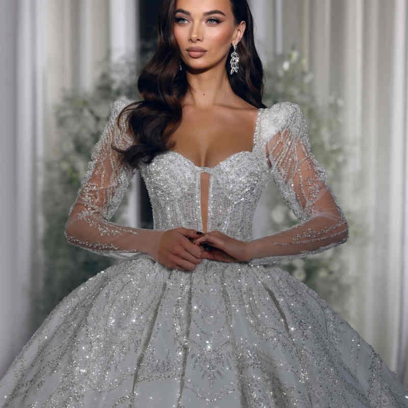 Exquisite Sequined Wedding Dresses Ball Gown Modern Long Sleeve Customized Vestido De Noiva Shiny Beading Lace Bridal Dress