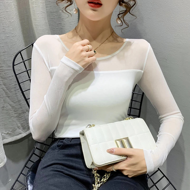 Autumn and winter round neck T-shirt womens sexy mesh eyeline shirt long sleeved solid color slim fit long sleeved casual top 250314