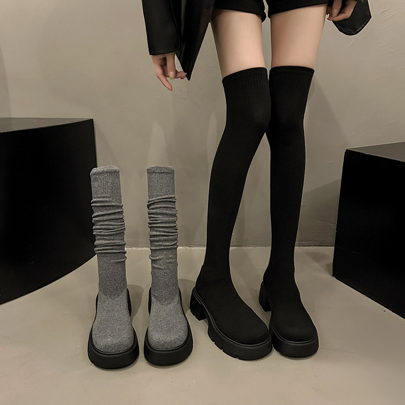 High heels long boots thick heels increased elasticity free Shipping Designer Slippers slimming effect over the knees External penetration Women woole
