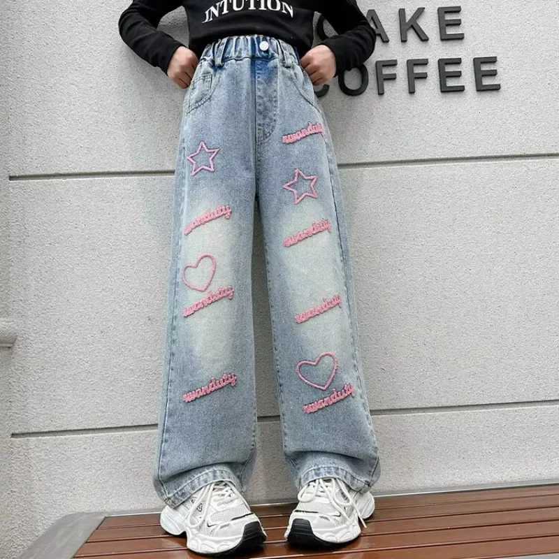 Girls Jeans 2025 New Spring Autumn Children Pants Stylish Girls Cowboy Trousers Loose Kids Wide Leg Pants Tide Teen ClothesT250326
