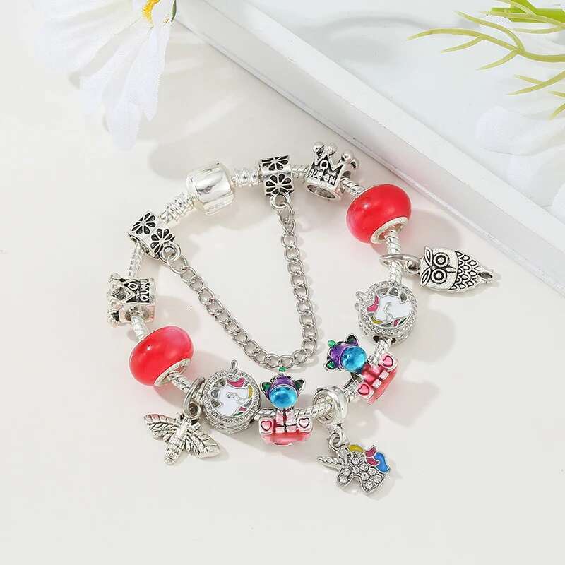 Silver Plated Rainbow Unicorn Pendant Charm Bracelet DIY Red Murano Glass Beads Bracelet For Women Fashion Jewelry Gift Pulseras
