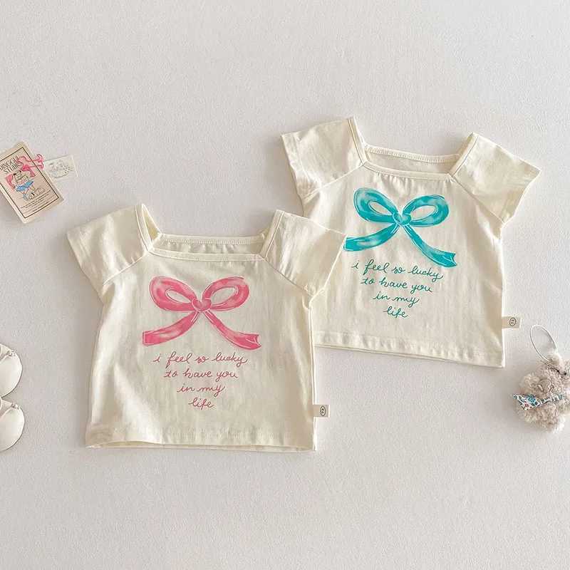 2025 Summer Girls Bow T-shirt Baby Clothing Childrens Fashion Letter Underwear Childrens Thin TopT250320