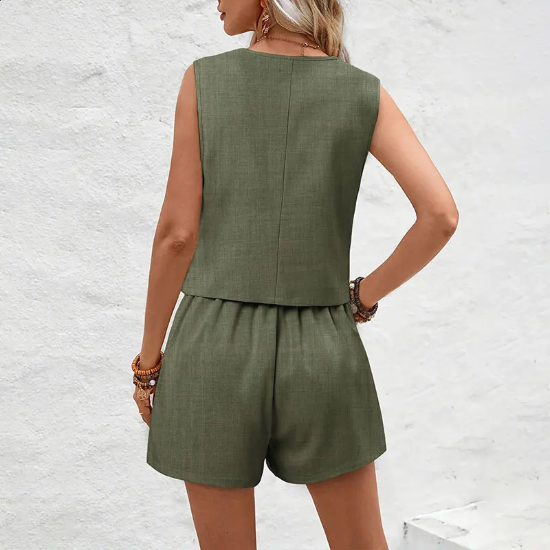 Summer Womens Elegant Solid Waist Shorts Set Sleeveless Tank TopHigh Waist Ultra Thin Shorts Womens Office Casual 2-piece Set 250318