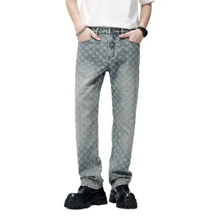 American style retro street floral print mens loose straight leg fashion brand retro mens jeansT250319