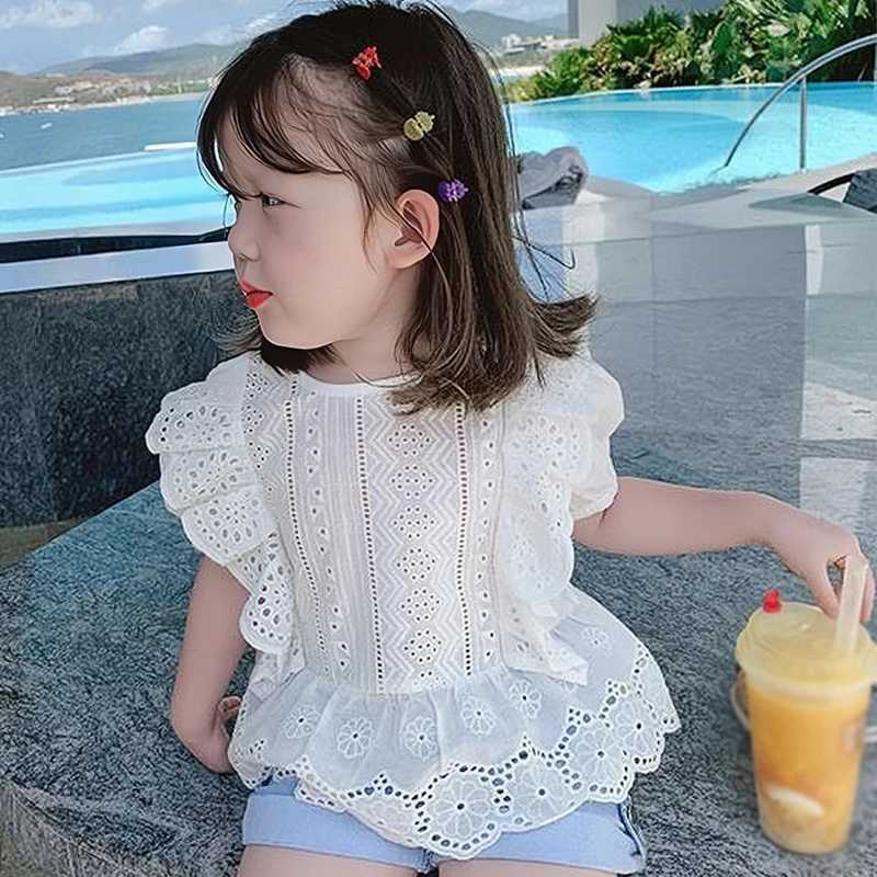 Summer girls clothing hollow round neck bubble sleeves short sleeves lace hollow breathable shirt childrens topT250320